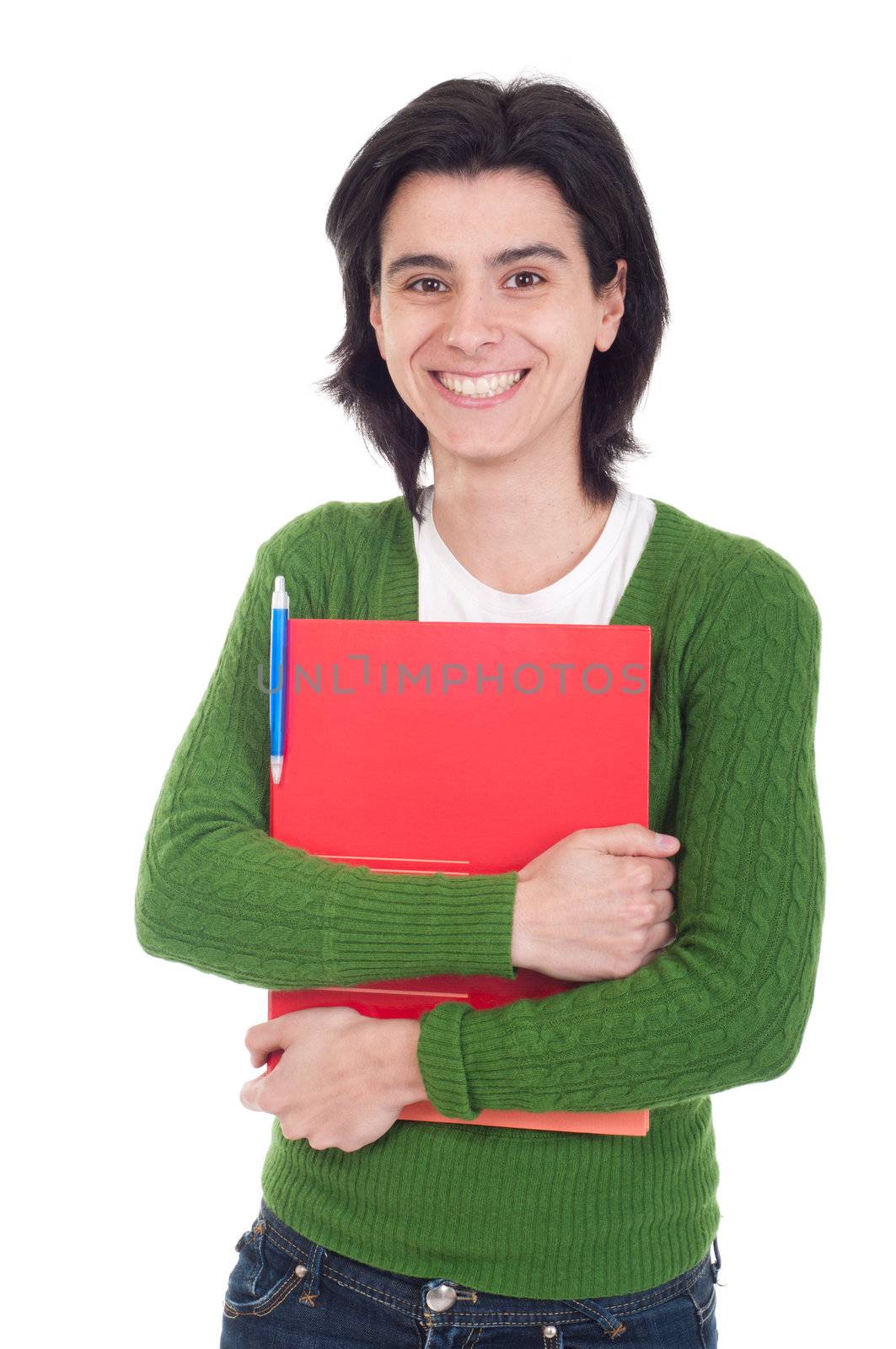 smiling woman student holding dossier (isolated on white background)