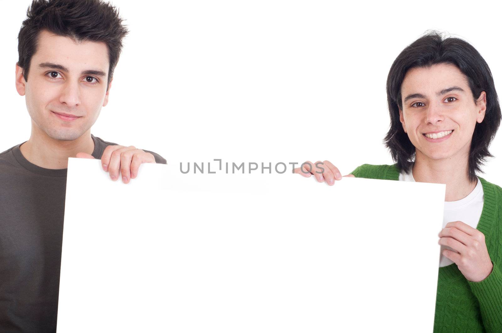 friendly casual man and woman displaying a banner ad isolated on white background 