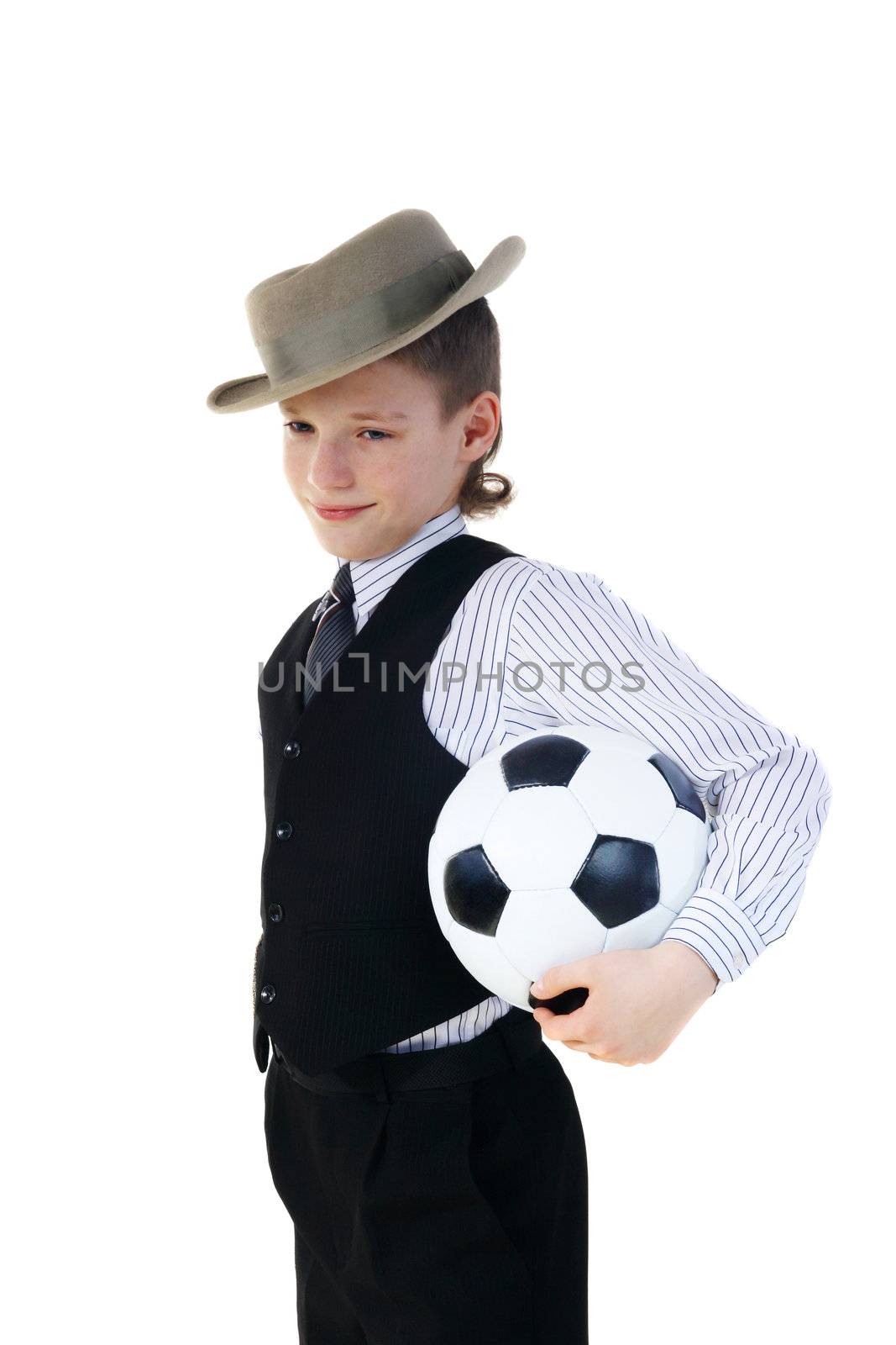 Boy in a grey hat and in a black suit and by soccer ball  by aptyp_kok