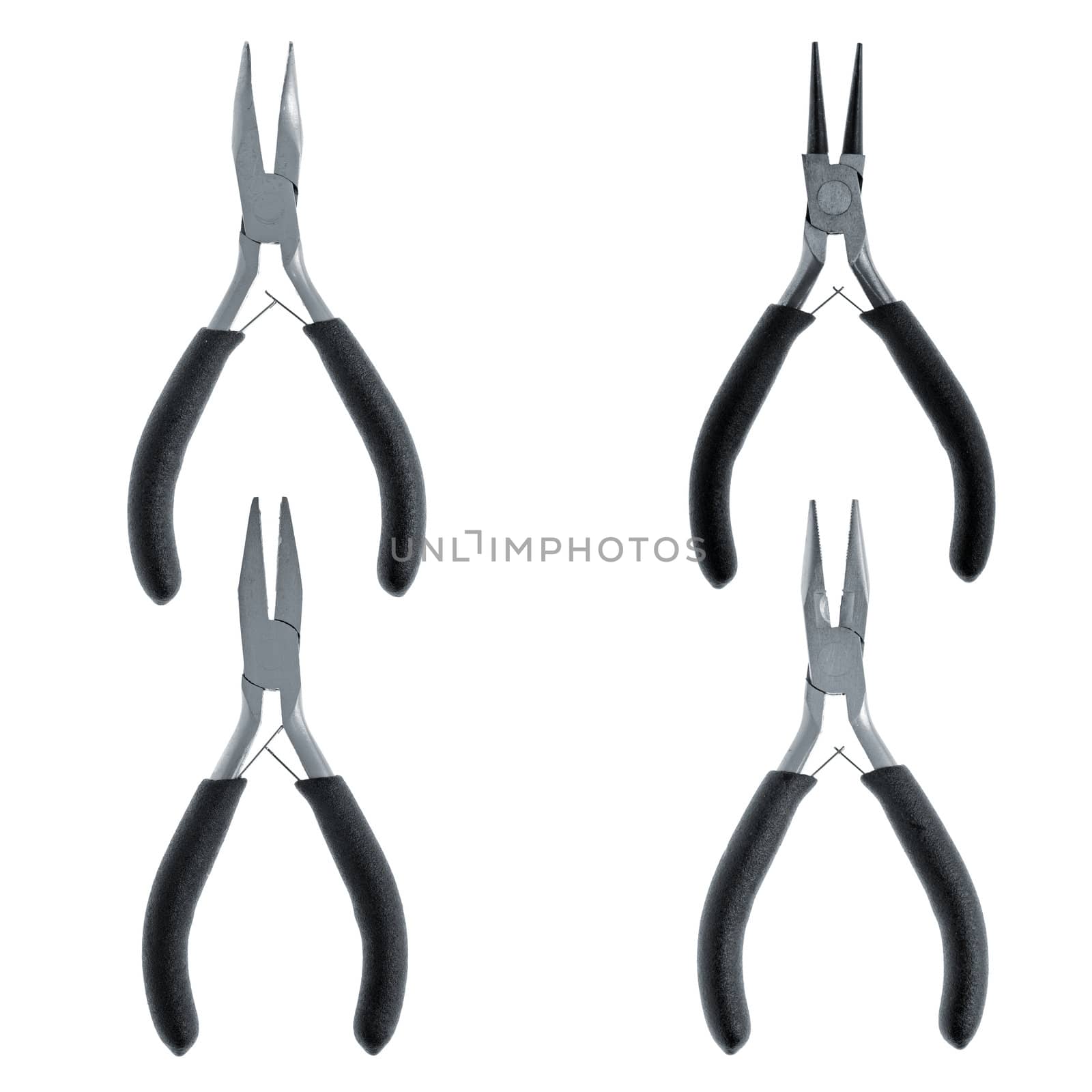 Set of four wire cutter pliers isolated on white background.