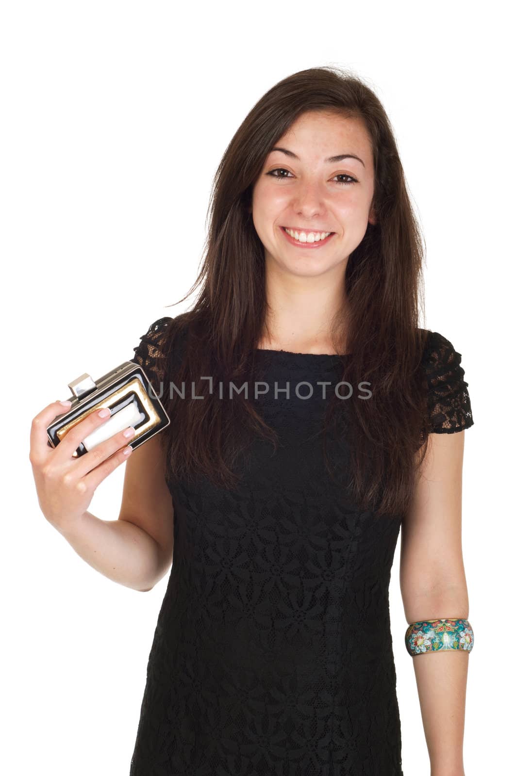 beautiful 18 years old young woman in black dress and purse ready for night out (isolated on white background)