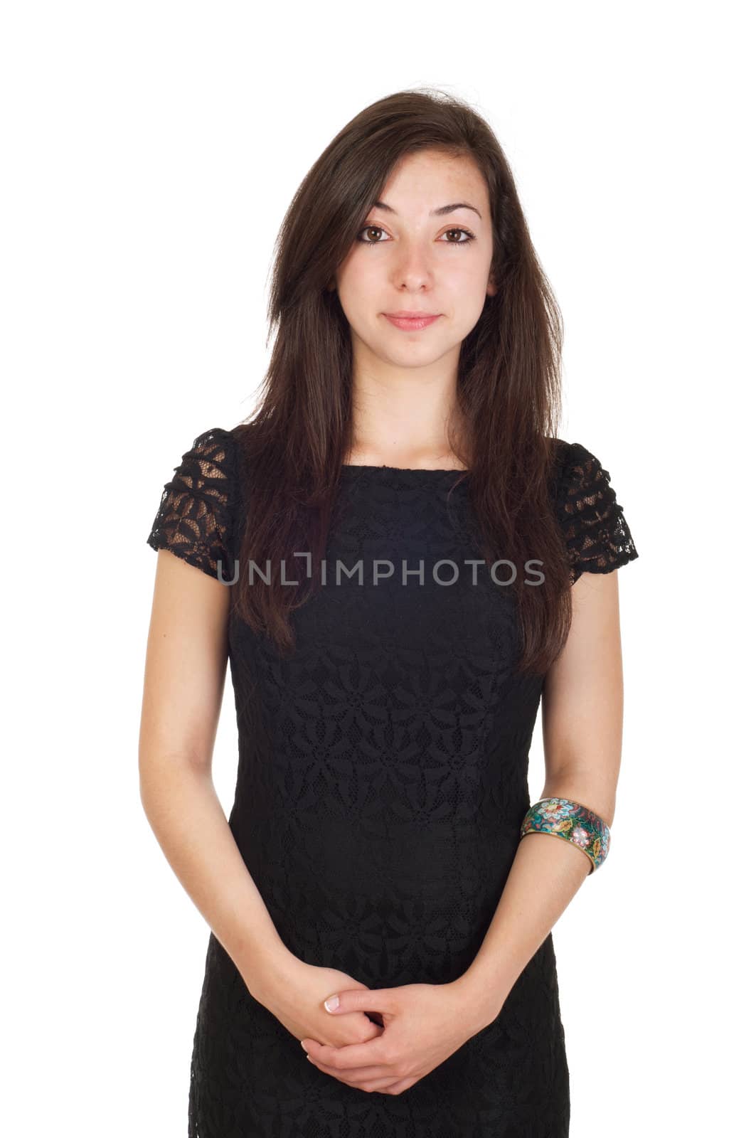 serious 18 years old young woman in black dress ready for night out (isolated on white background)