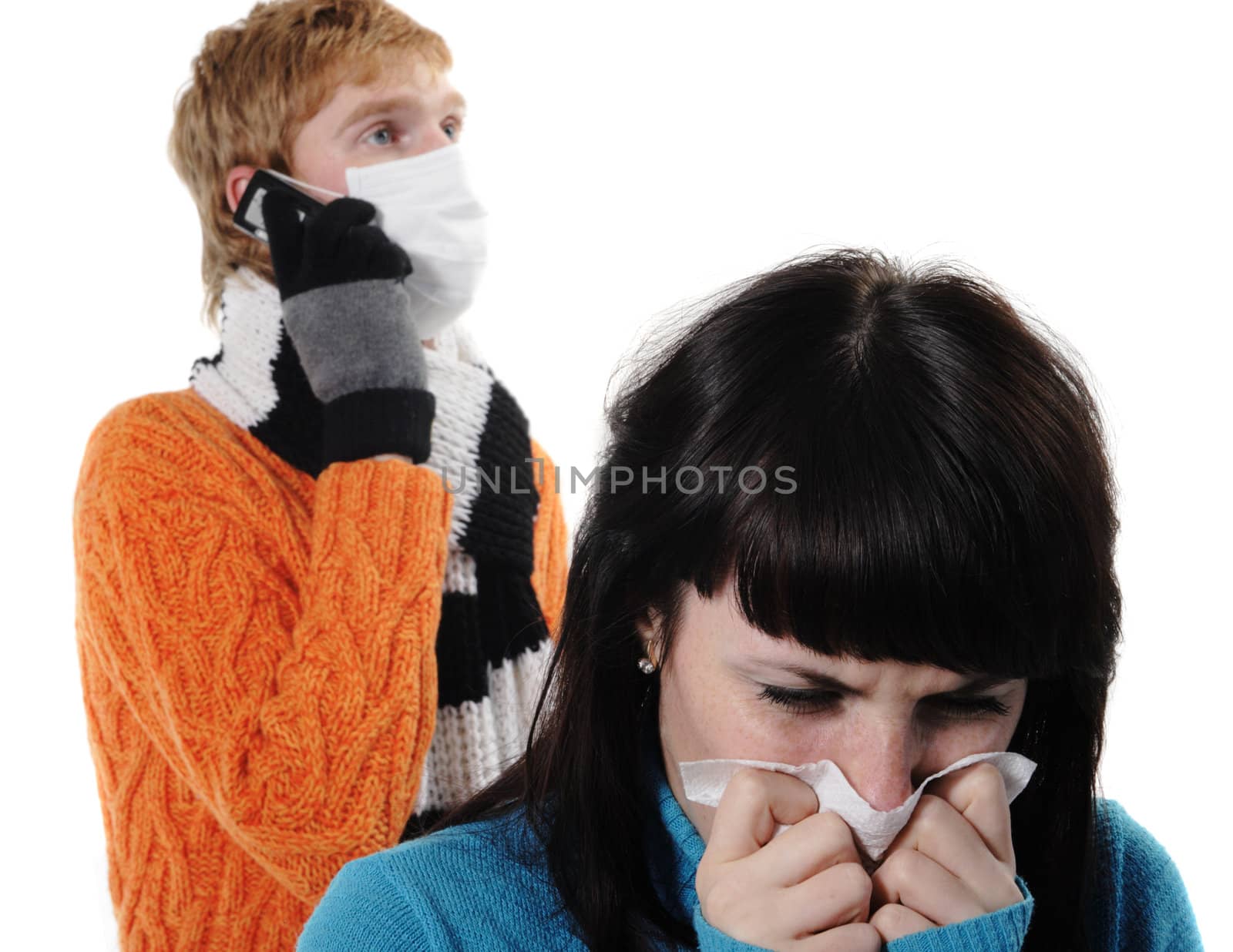 girl was ill of influenza, a man stands behind a mask A(H1N1)