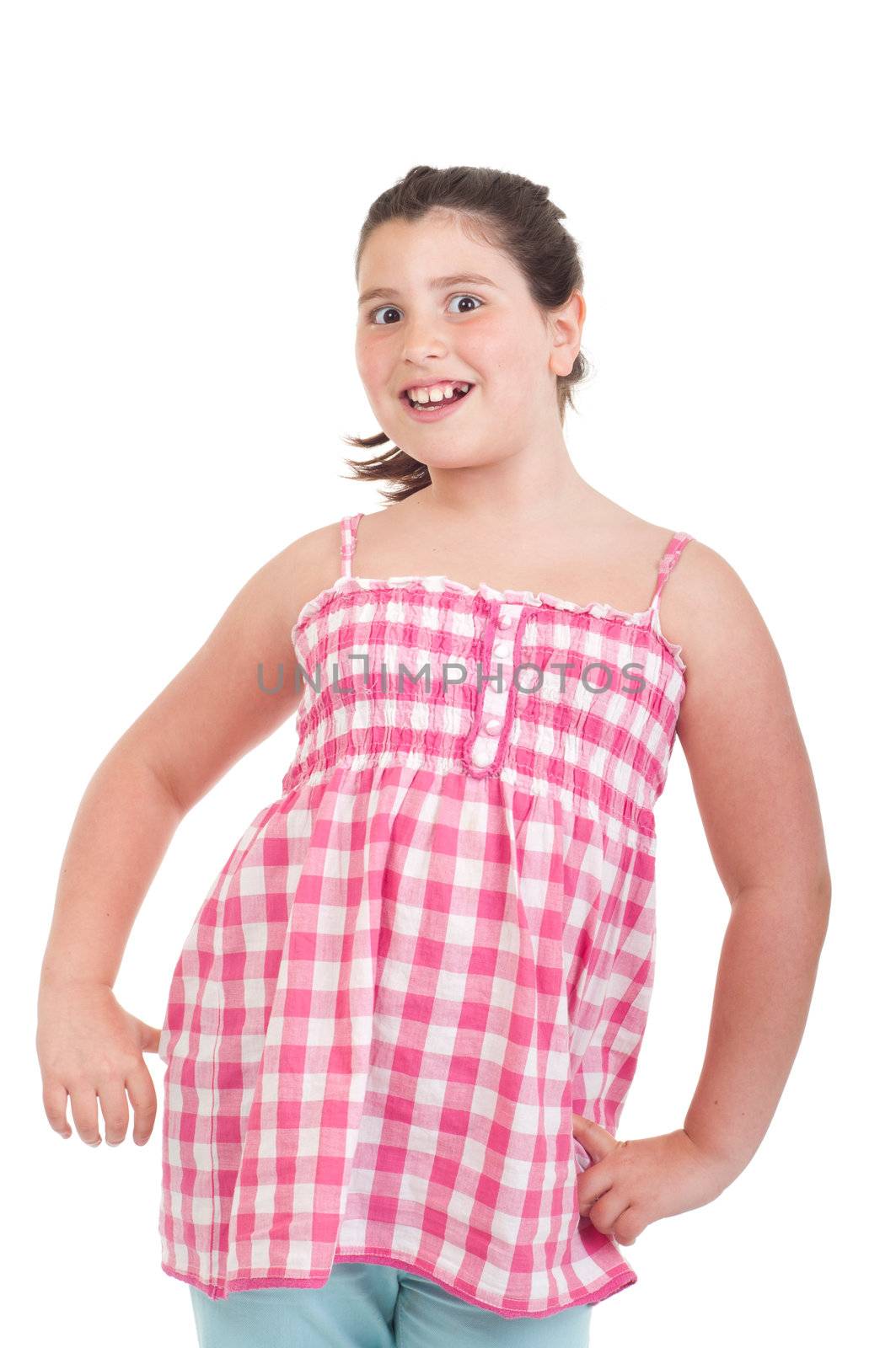 adorable little girl portrait smiling in a pink top (isolated on white background) 