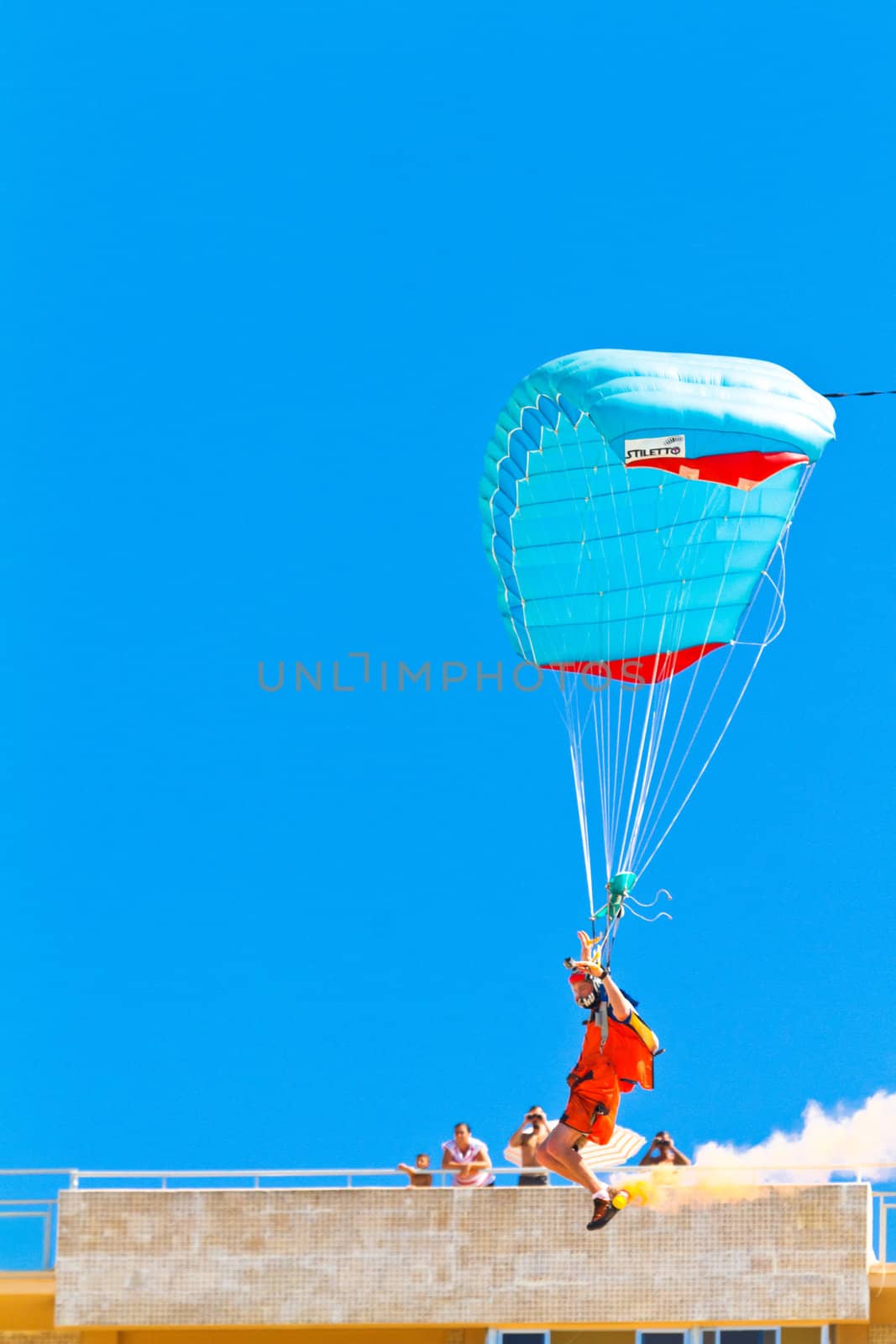 CADIZ, SPAIN-SEP 11: Parachutist Rex  Pemberton taking part in  the 4th airshow of Cadiz on Sep 11, 2011, in Cadiz, Spain