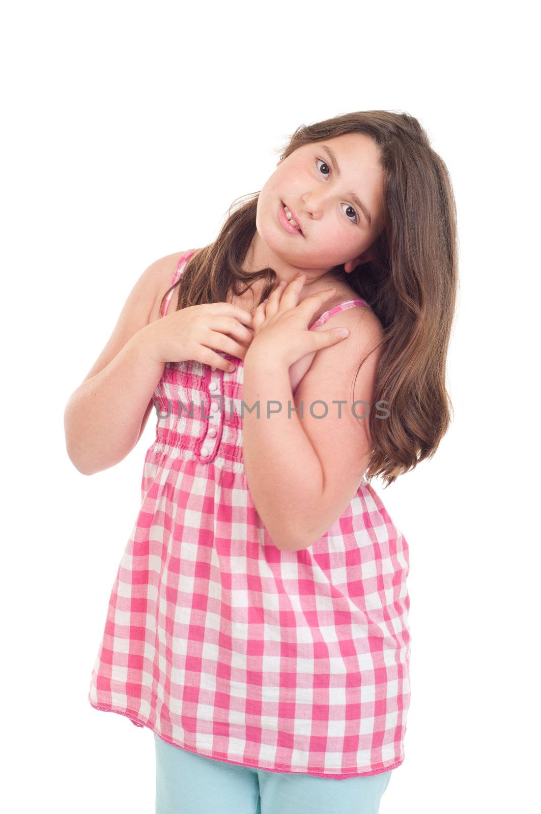 adorable little girl portrait posing in a pink top (isolated on white background) 