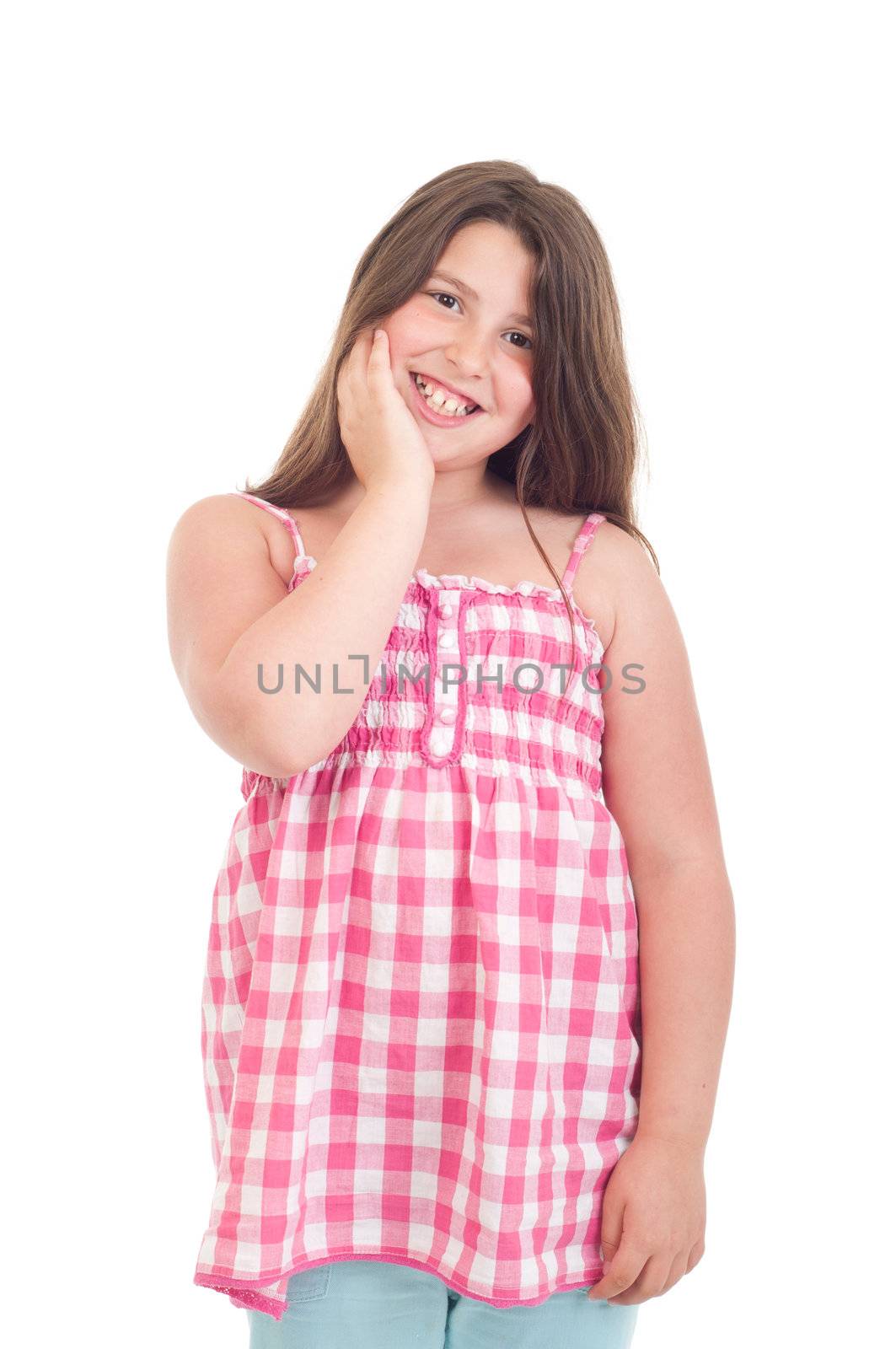 adorable little girl portrait smiling in a pink top (isolated on white background) 