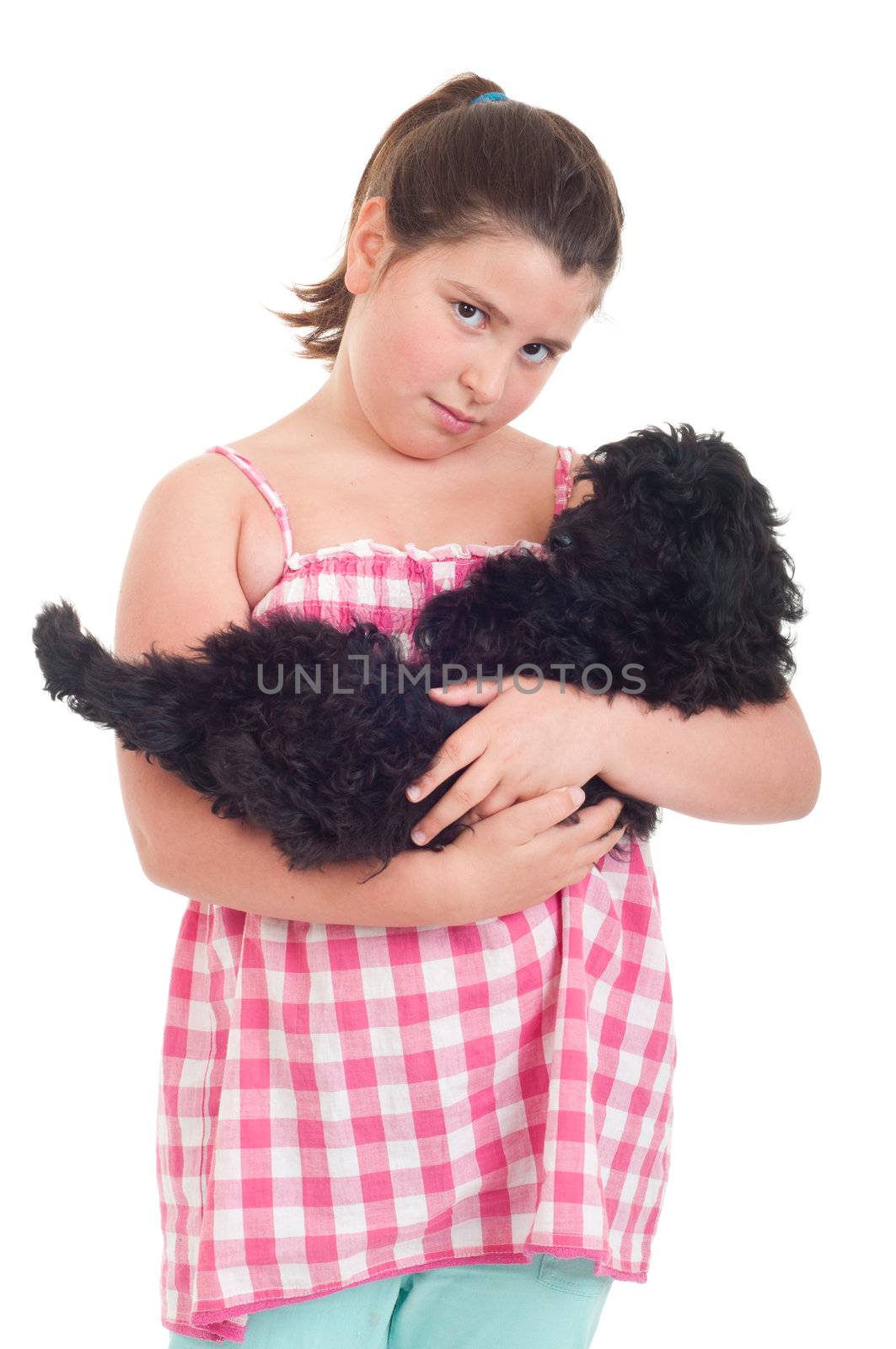 adorable little girl holding her dog (isolated on white background)
