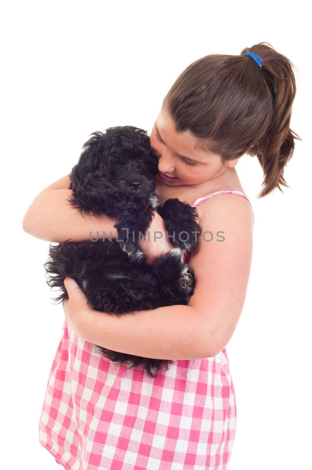 adorable little girl playing with her dog (isolated on white background)