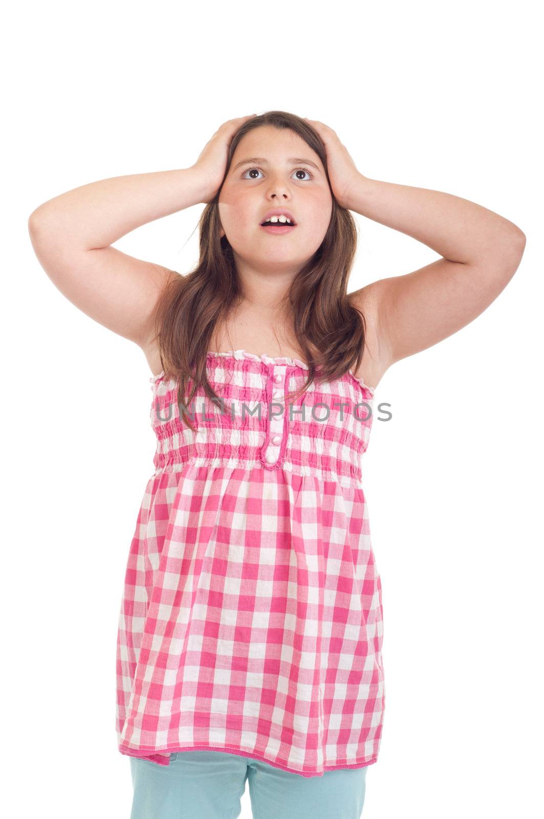 little girl portrait with surprised expression in a pink top (isolated on white background)