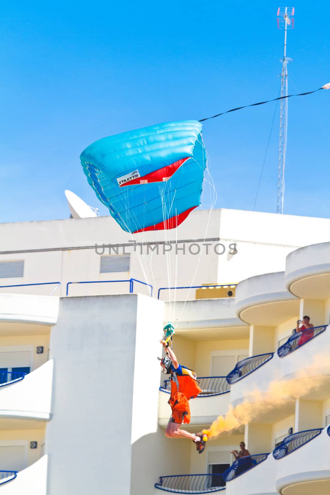 CADIZ, SPAIN-SEP 11: Parachutist Rex  Pemberton taking part in  the 4th airshow of Cadiz on Sep 11, 2011, in Cadiz, Spain