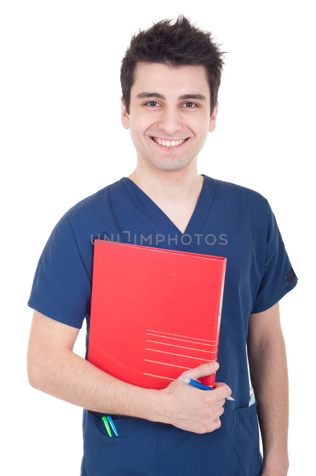 smiling handsome male doctor holding folder isolated on white background
