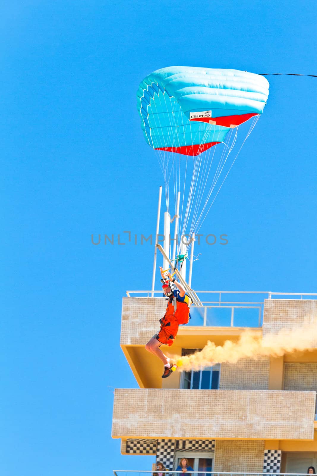 CADIZ, SPAIN-SEP 11: Parachutist Rex  Pemberton taking part in  the 4th airshow of Cadiz on Sep 11, 2011, in Cadiz, Spain