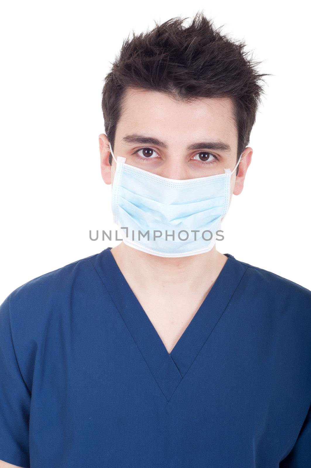 closeup portrait of a young doctor wearing mask isolated on white background