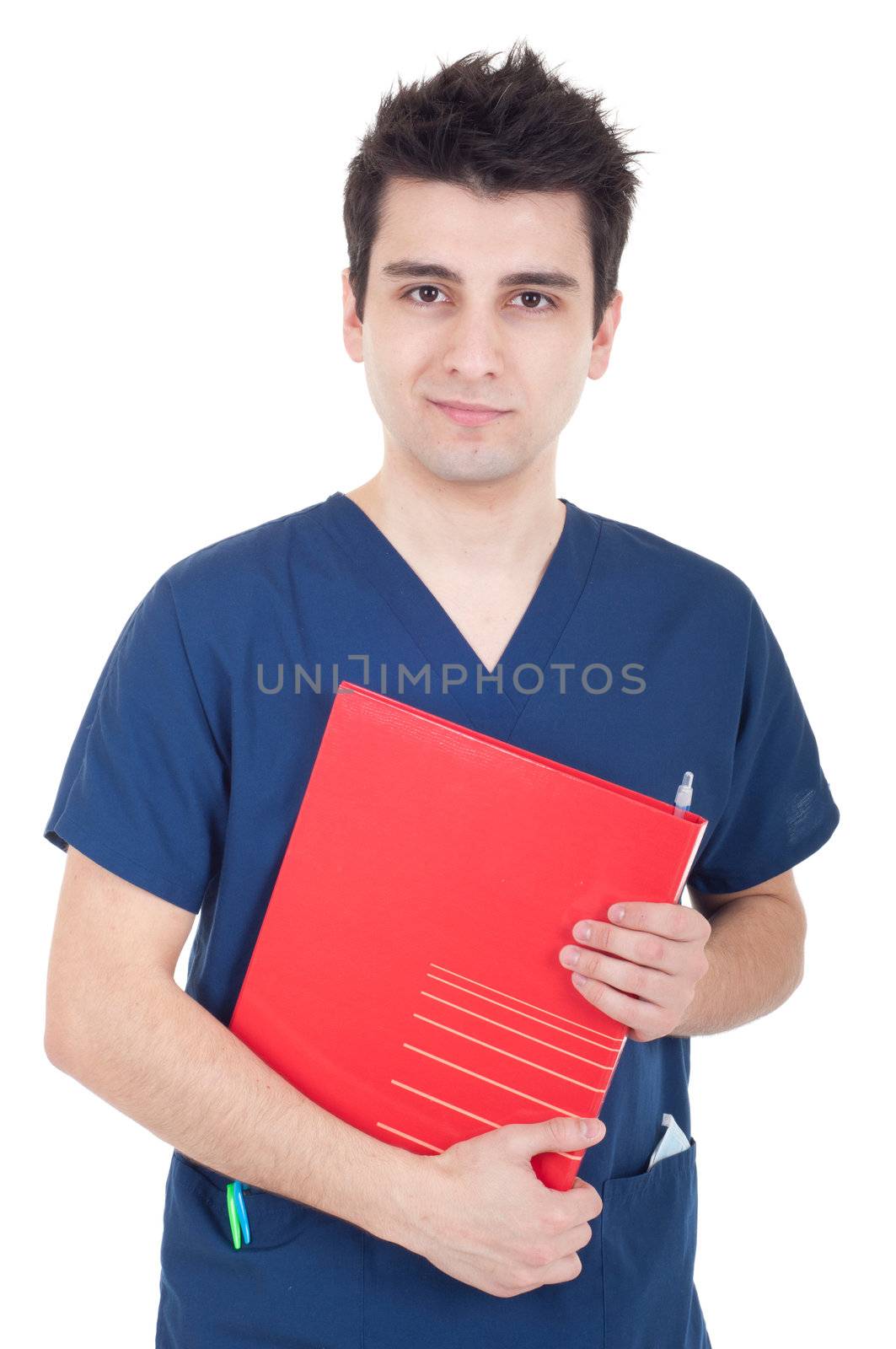 handsome male doctor holding folder isolated on white background