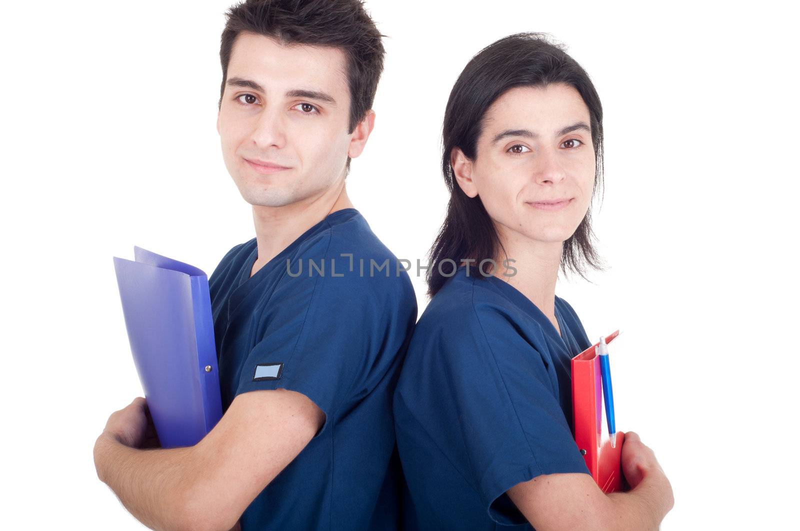 friendly team of doctors holding folders isolated on white background (back to back)