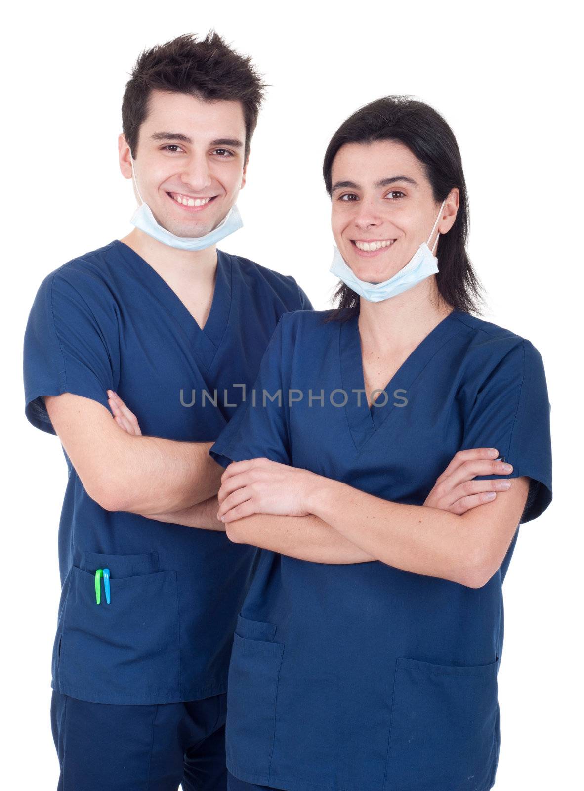 portrait of a team of doctors, man and woman wearing mask and uniform isolated on white background