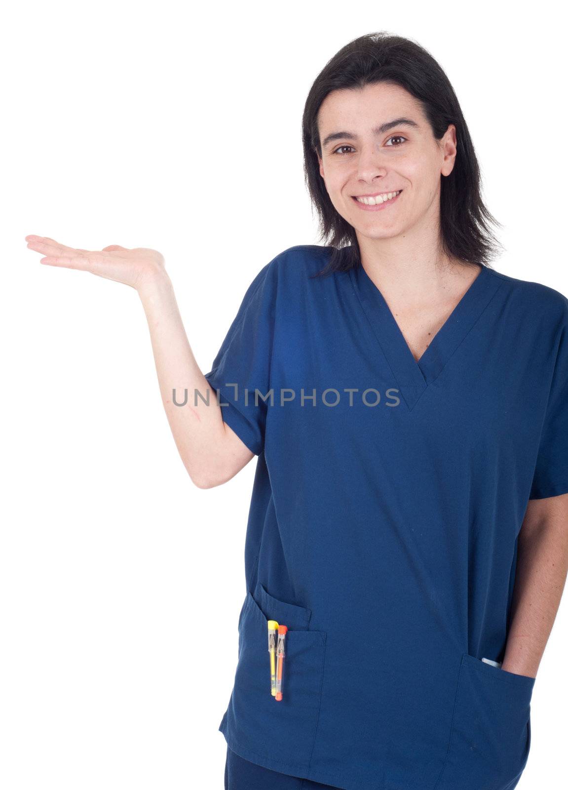 smiling young female doctor showing copy space (isolated on white background)