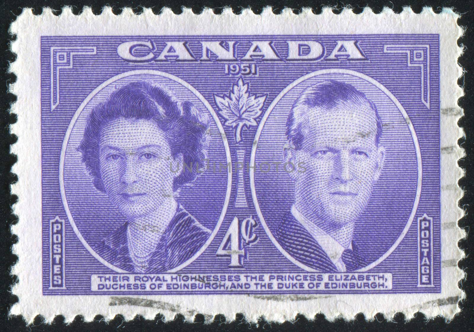 CANADA - CIRCA 1951: stamp printed by Canada, shows Princess Elizabeth and Duke of Edinburgh, circa 1951