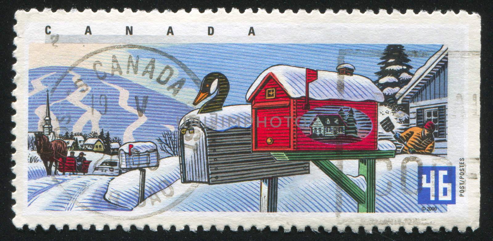 CANADA - CIRCA 2000: stamp printed by Canada, shows Decorated Rural Mailboxes, Goose head, house designs,  circa 2000