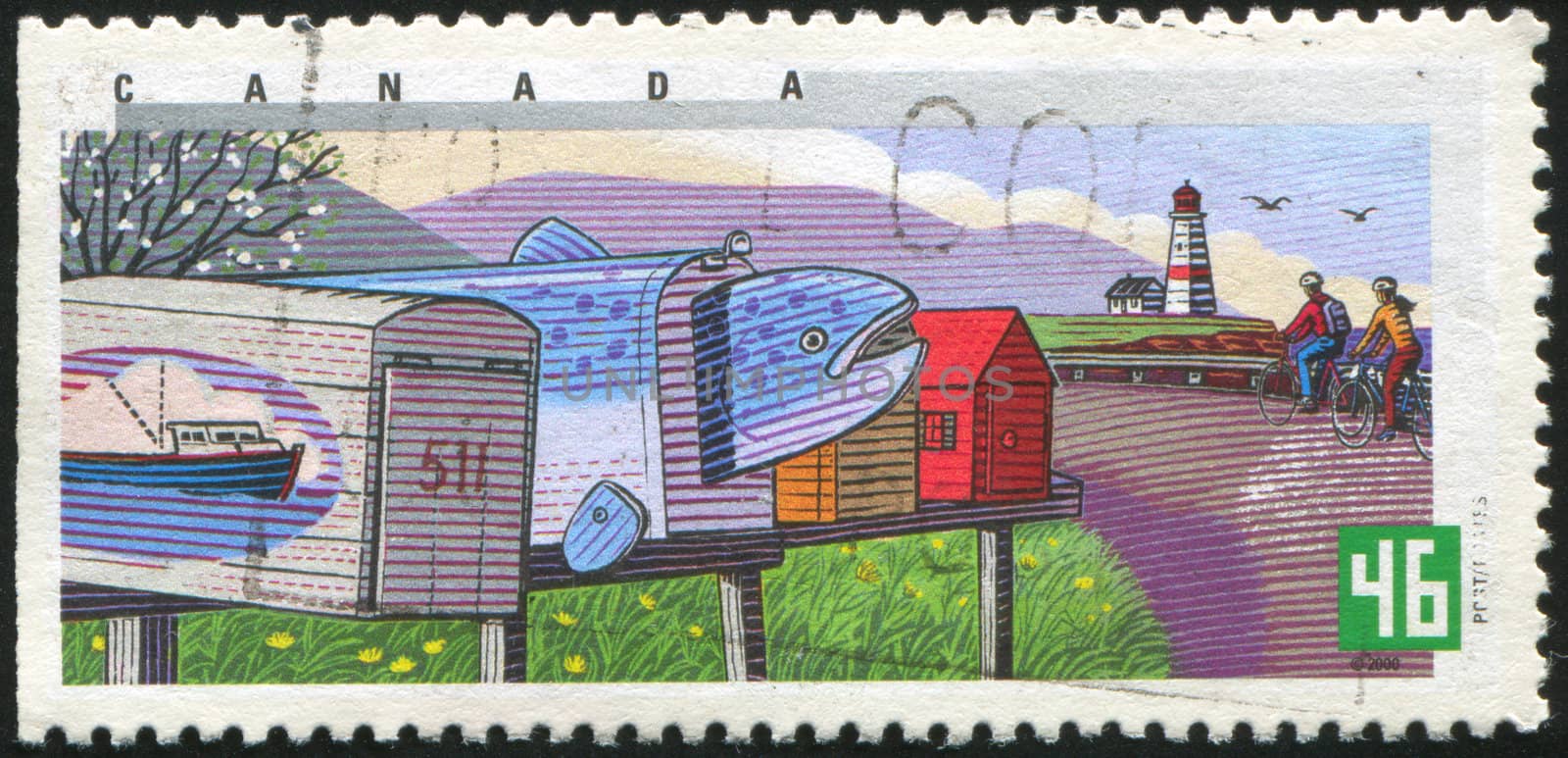 CANADA - CIRCA 2000: stamp printed by Canada, shows Decorated Rural Mailboxes, Ship, fish, house designs,  circa 2000