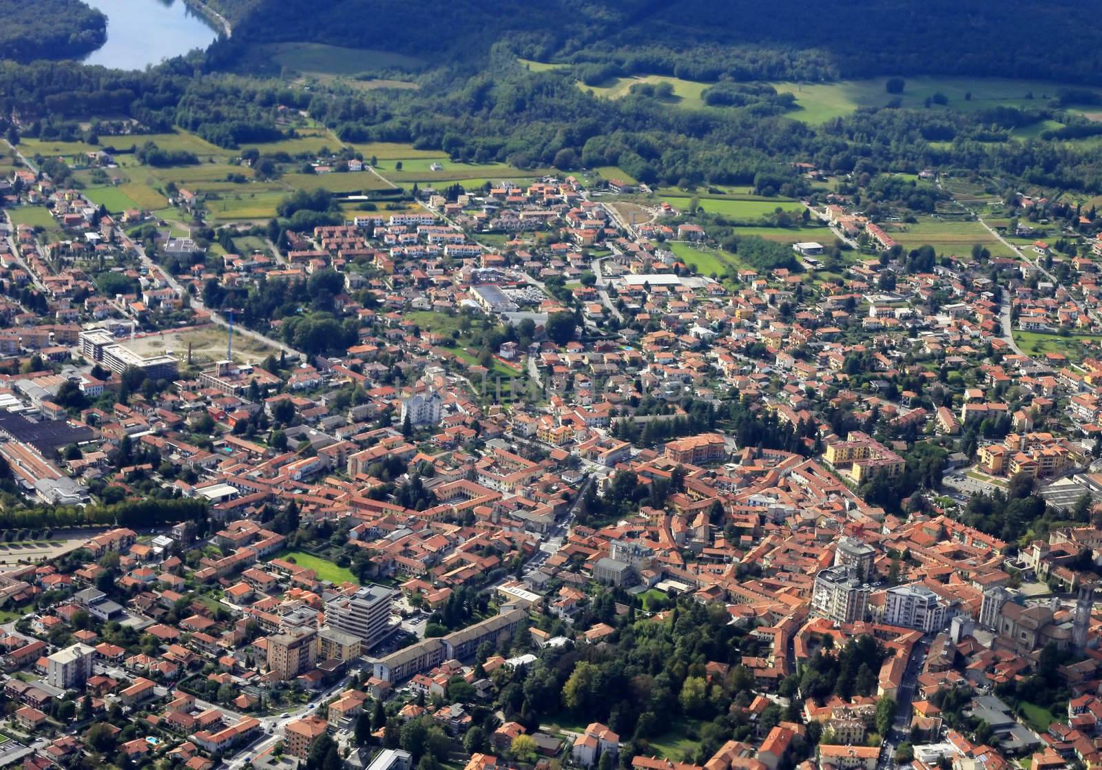 Suburb of Milan through a window of the plane