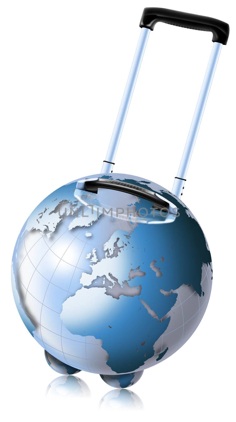 Trolley-shaped blue globe for travel by plane, ship and train