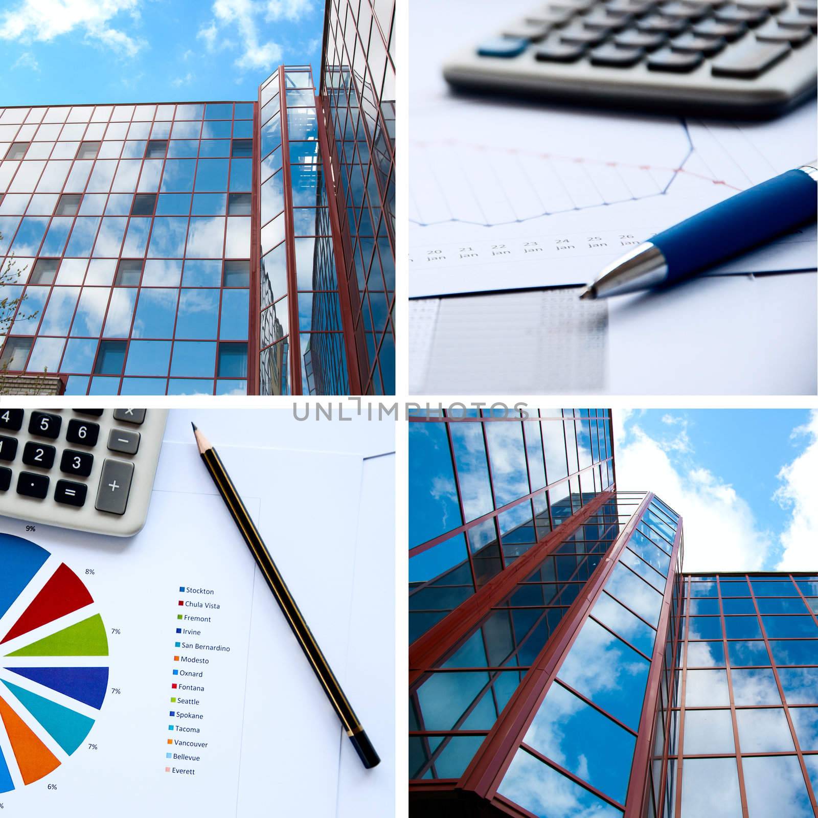 Office buildings, documents with charts, business a collage