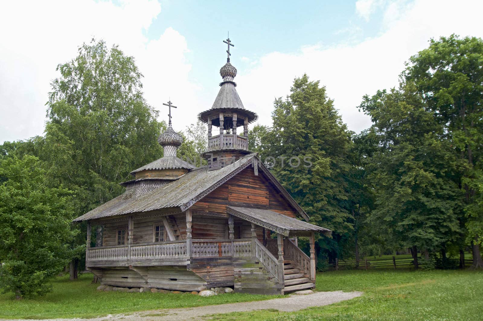 aging wooden chapel in village. Novgorod, Russia