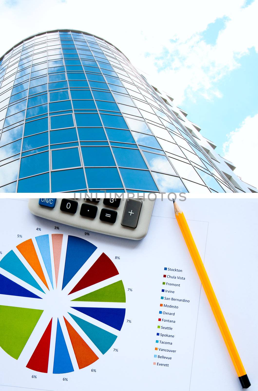 Office buildings, documents with charts, business a collage