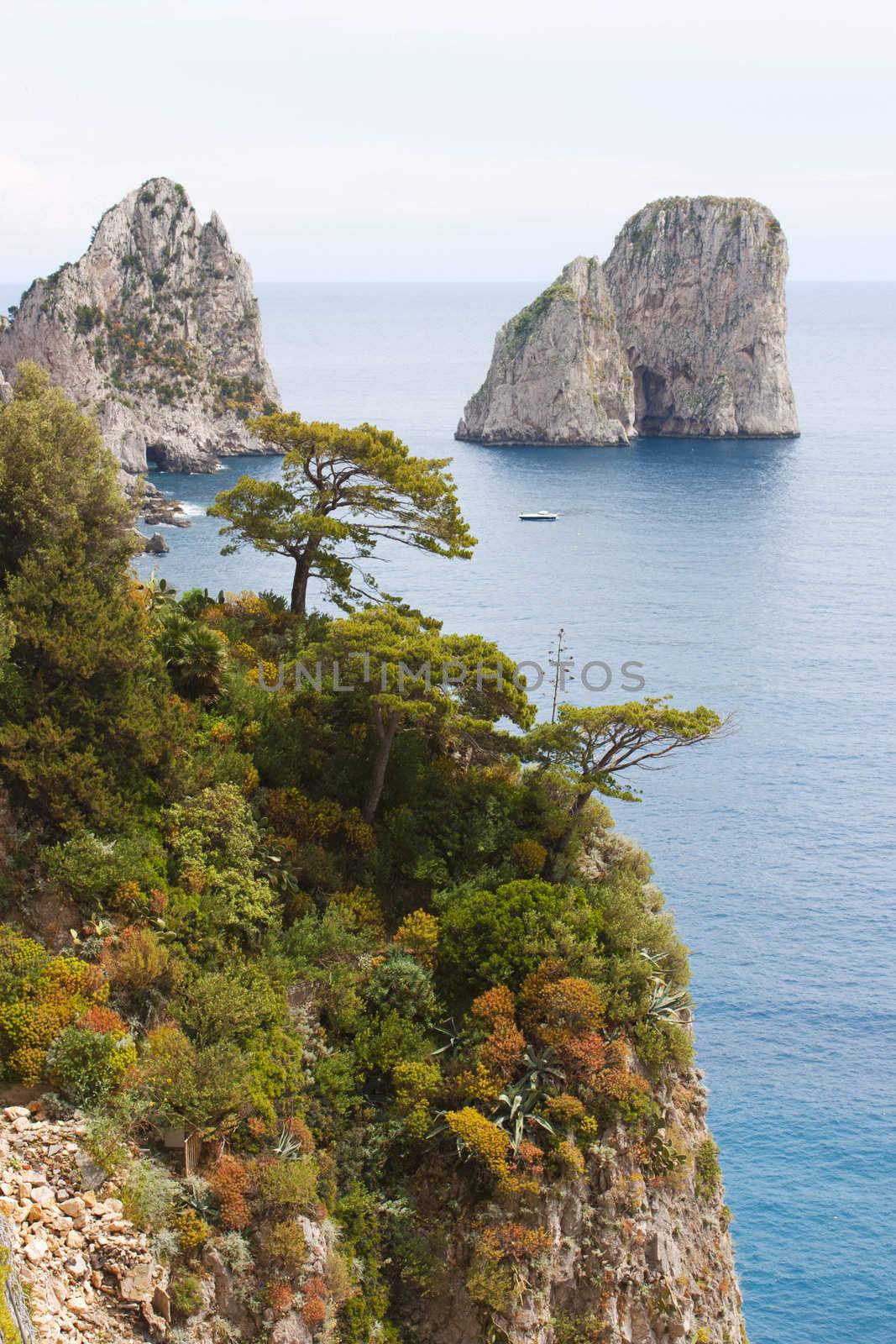 Coast of Capri Island, view of sea and sea-cliff