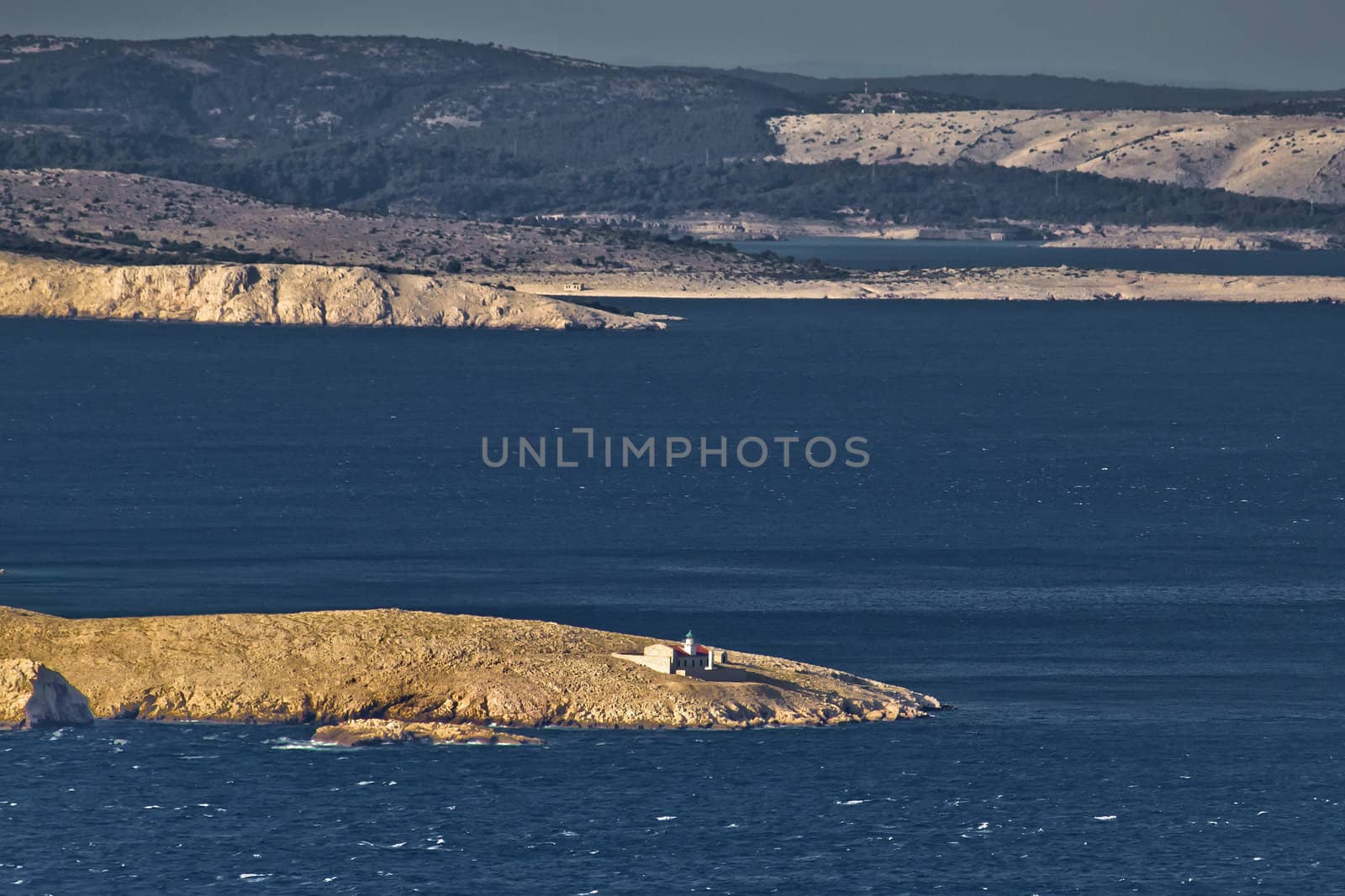 Kvarner bay islands and lighthouse, sea and islands Prvic, Grgur, Rab