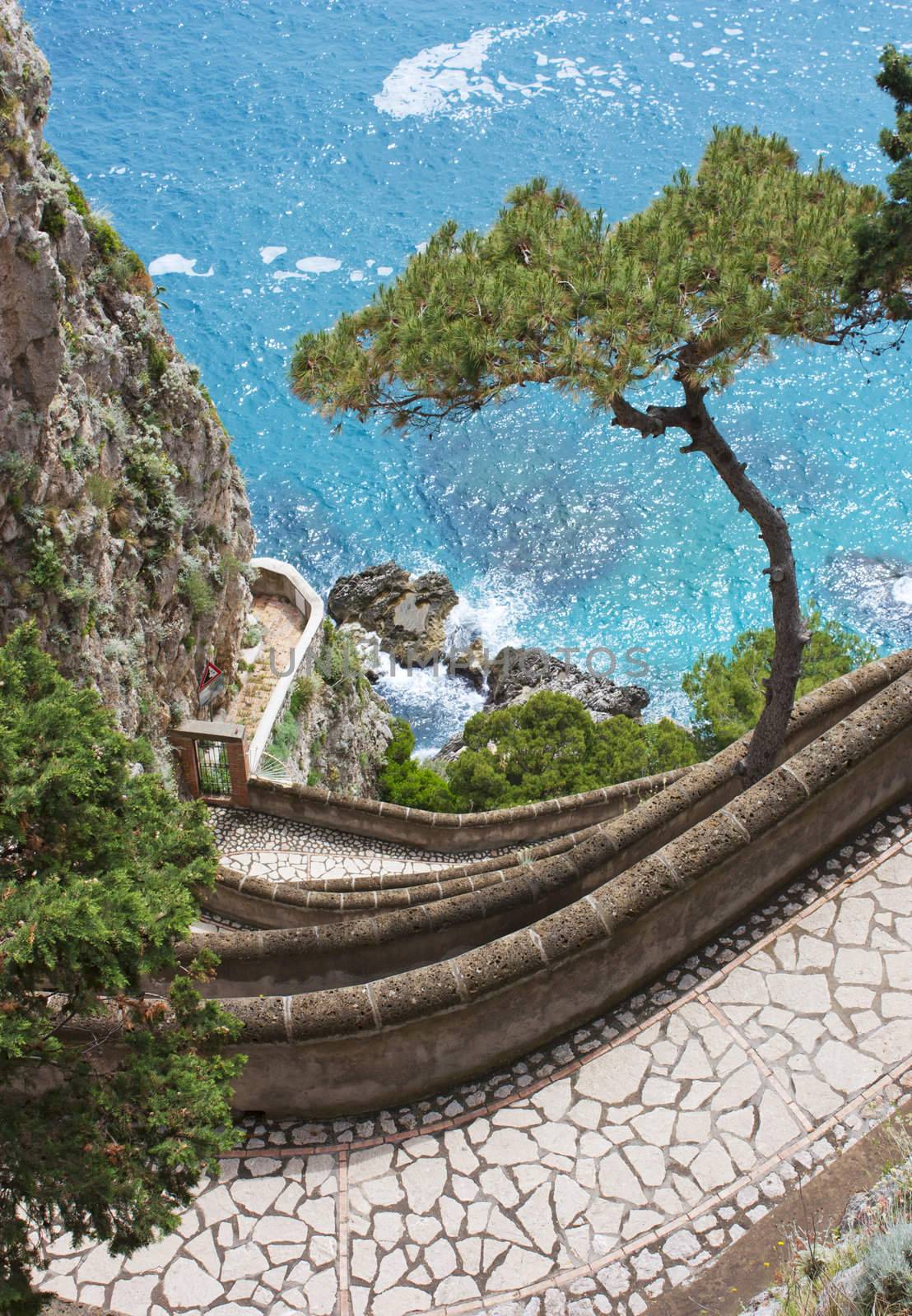 Coast of Capri Island, view of sea and sea-cliff