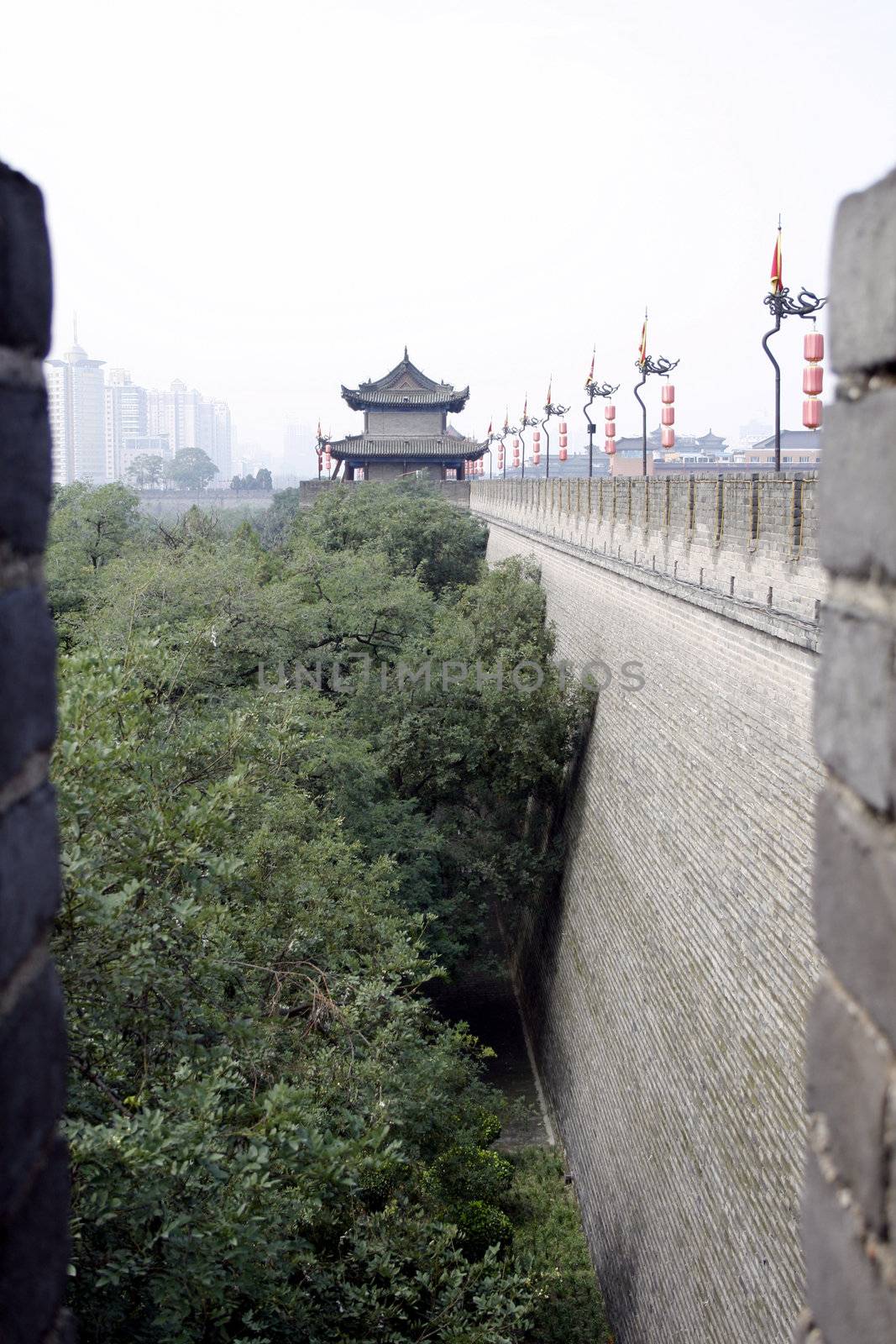 downtown of Xian, View by two pinnacles on a building