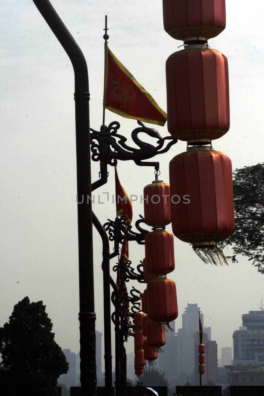 downtown of Xian, overlooking the city walls - Lanterns and flag