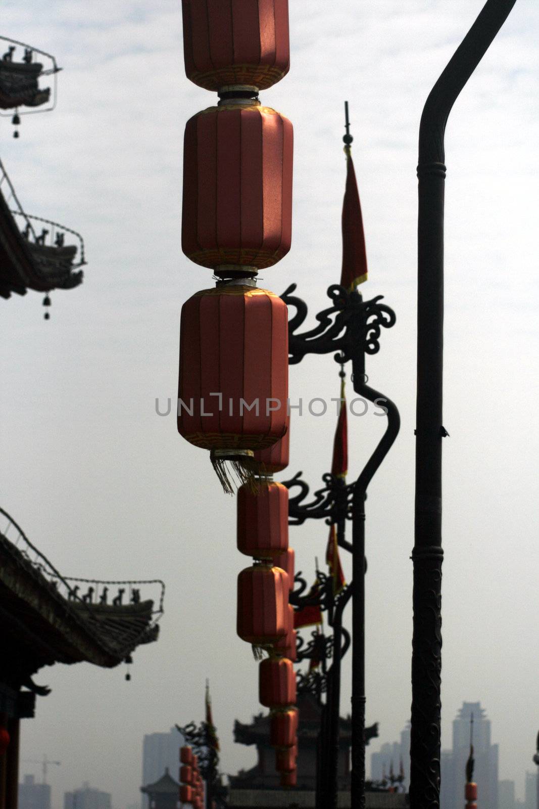 downtown of Xian, overlooking the city walls - Lanterns and flag