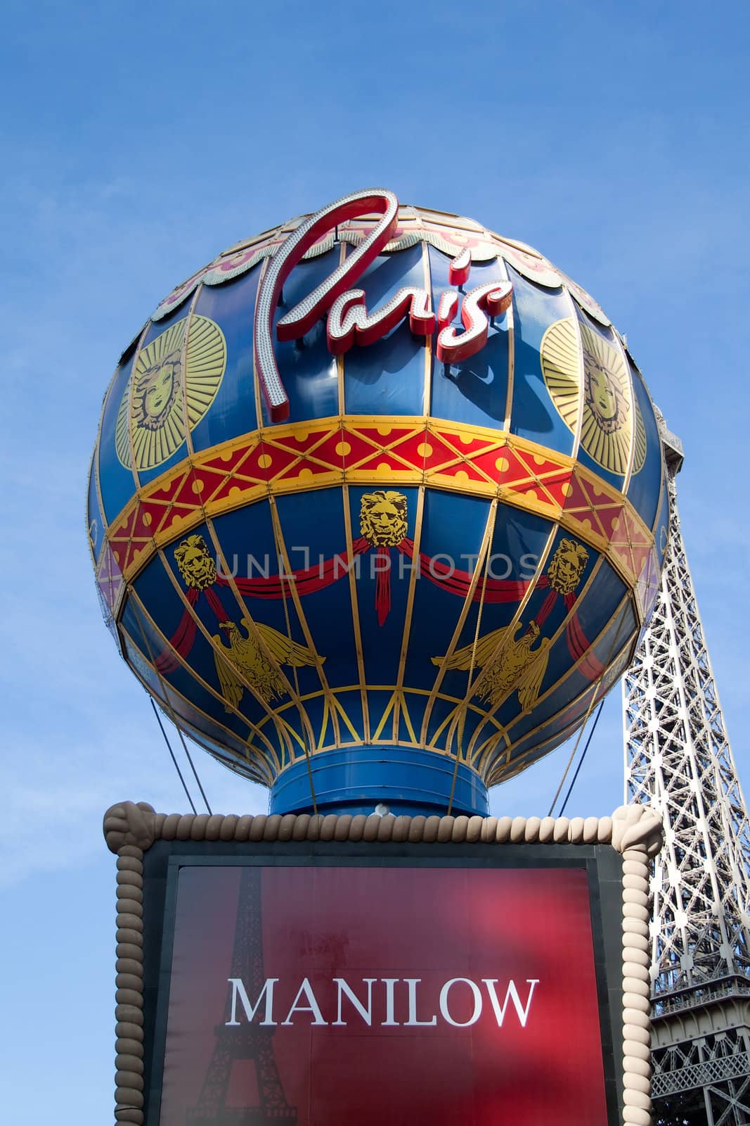 December 30th, 2009 - Las Vegas, Nevada, USA - The Paris Hotel and Casino sign on Las Vegas Boulevard featuring Barry Manilow