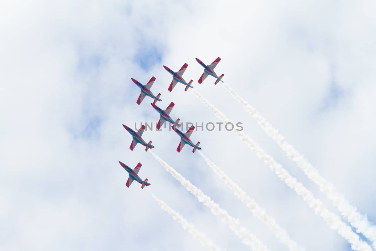 MALAGA, SPAIN-MAY 28: Aircrafts of the Patrulla Aguila taking part in an exhibition on the day of the spanish army forces on May 28, 2011, in Malaga, Spain