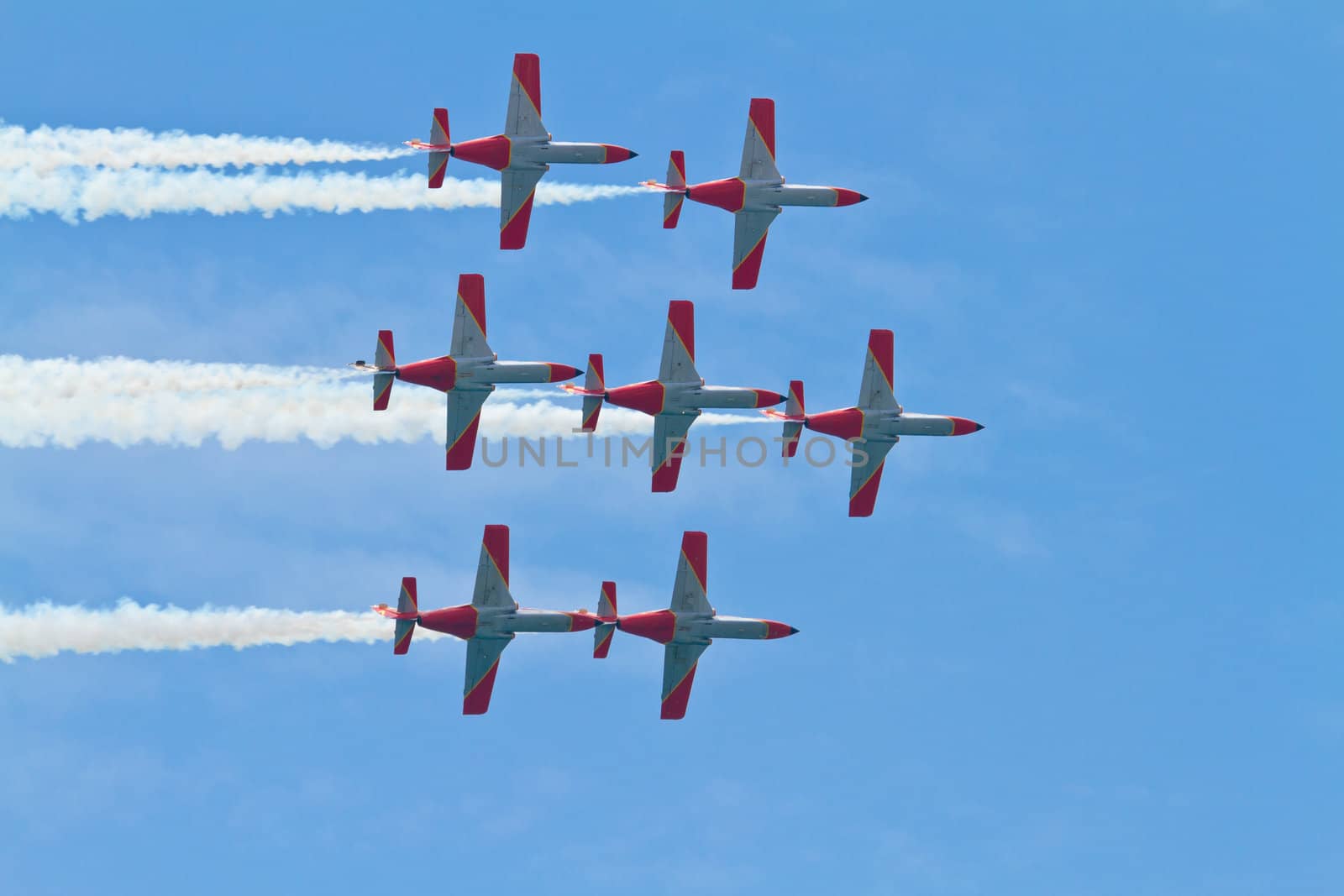MALAGA, SPAIN-MAY 28: Aircrafts of the Patrulla Aguila taking part in an exhibition on the day of the spanish army forces on May 28, 2011, in Malaga, Spain