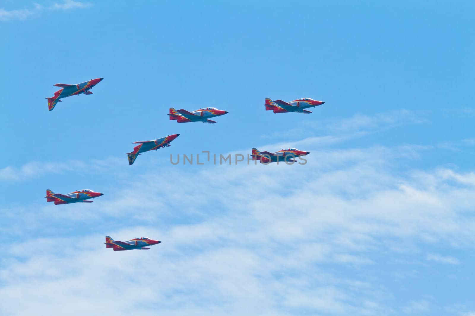 MALAGA, SPAIN-MAY 28: Aircrafts of the Patrulla Aguila taking part in an exhibition on the day of the spanish army forces on May 28, 2011, in Malaga, Spain