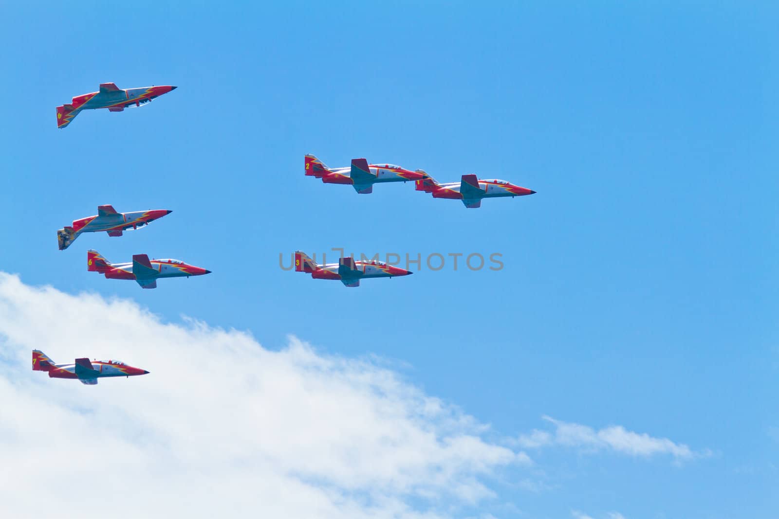 MALAGA, SPAIN-MAY 28: Aircrafts of the Patrulla Aguila taking part in an exhibition on the day of the spanish army forces on May 28, 2011, in Malaga, Spain