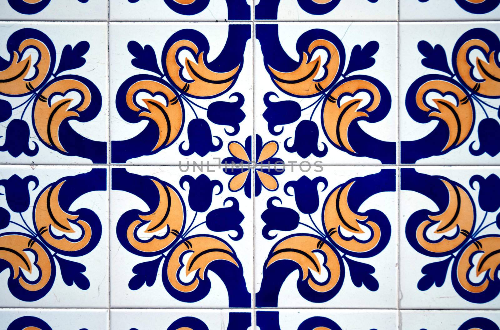 Colorful vintage spanish style ceramic tiles wall decoration.