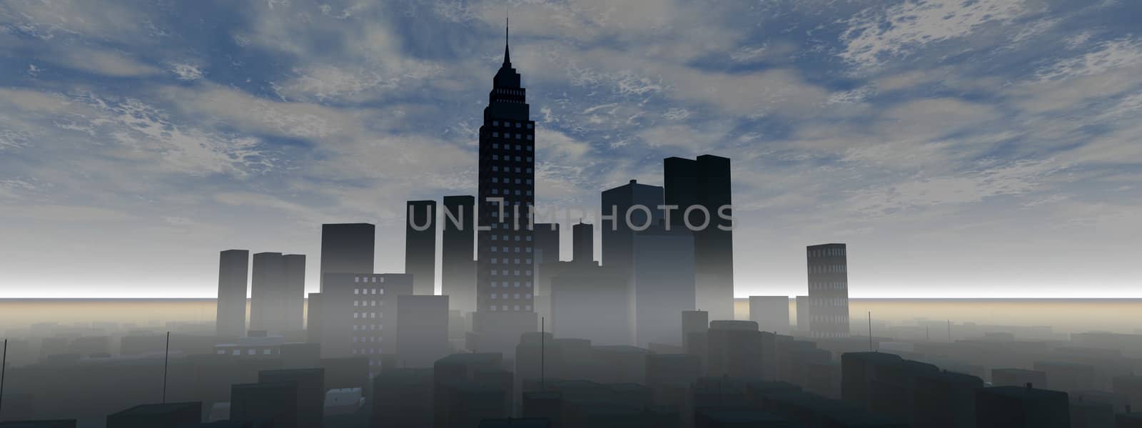 Skyline of buildings in 3D render in panoramic style