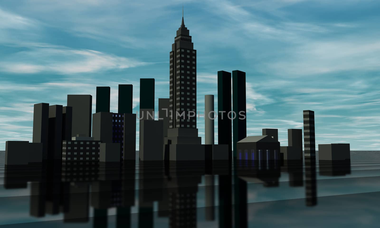 Skyline of buildings in 3D render