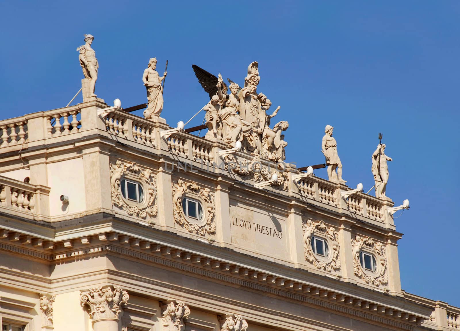 Architectural details of building in Trieste, Italy, on Piazza Unit