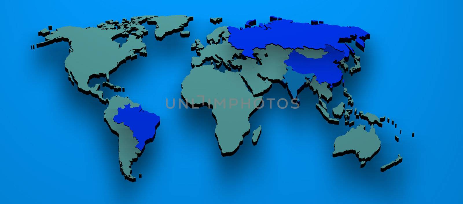 3d map rendered formed by the BRIC countries Brazil, Russia, India and China