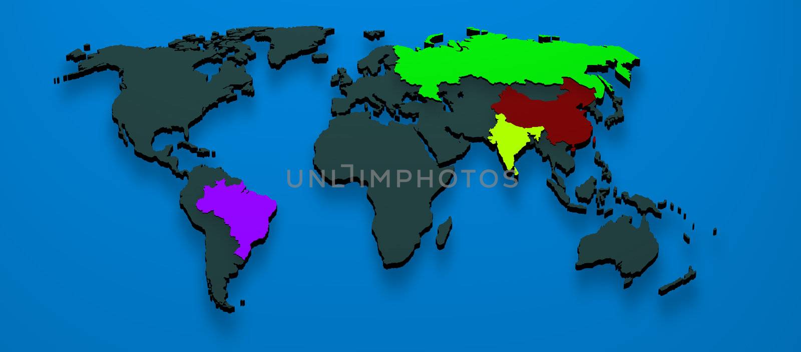 3d map rendered formed by the BRIC countries Brazil, Russia, India and China