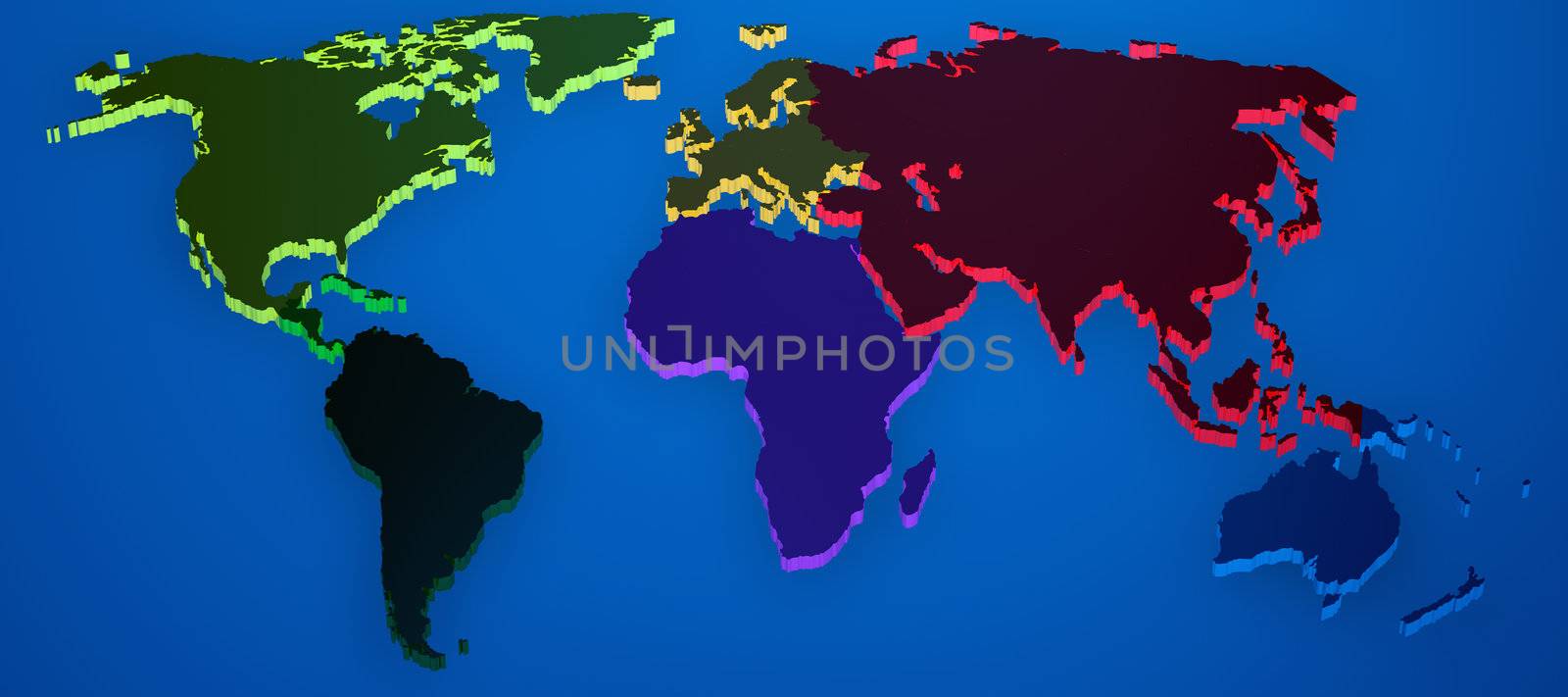 World map render 3D with continents separated by colors