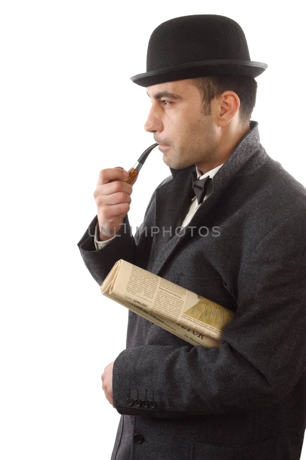 Portrait of a man with a tobacco pipe and hat bowler 