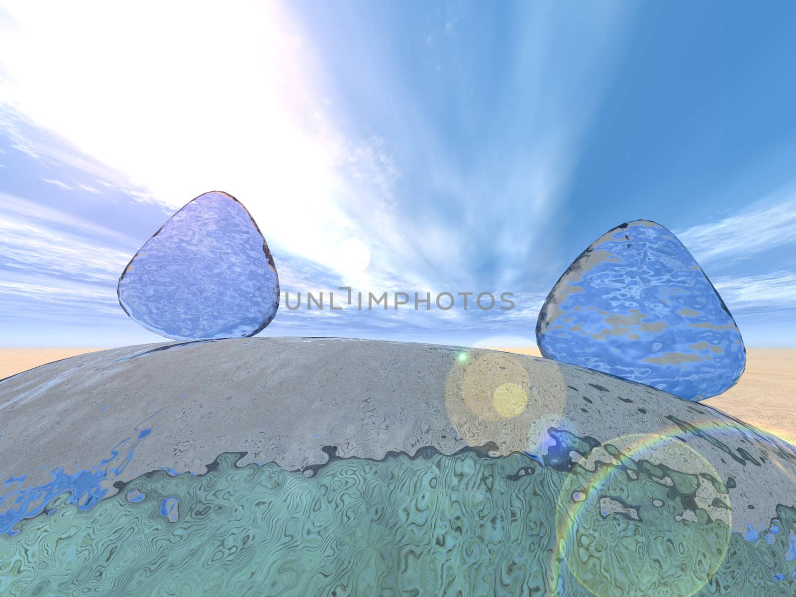 Stones from water. Abstraction with elements of water tables on a background of the sky with rare clouds